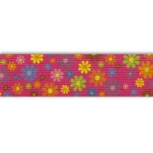 Elastik M/Kulørte Blomster, Pink, 3 Cm.